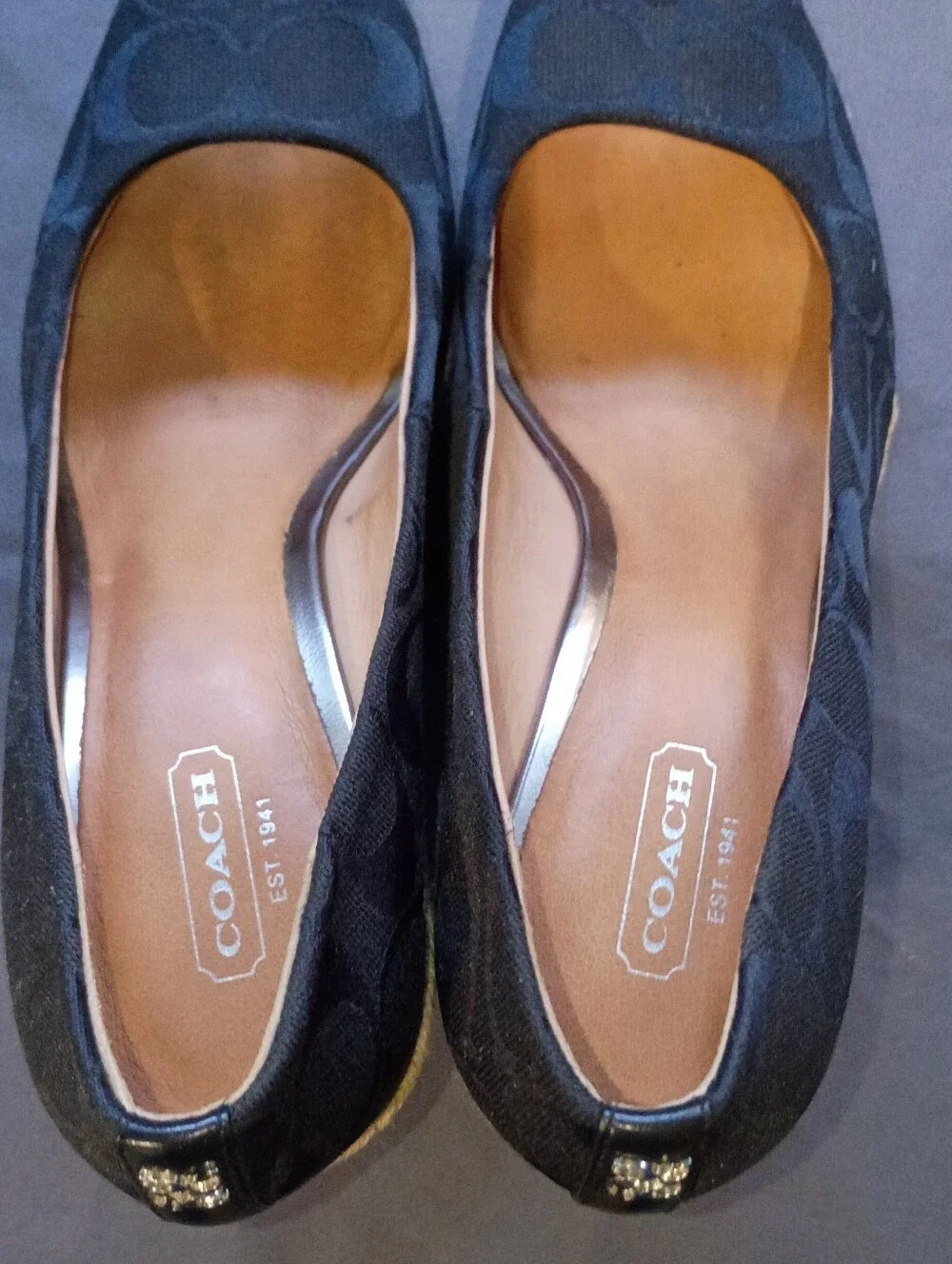 Coach Navy Signature Canvas Peep Toe Espadrille Wedges